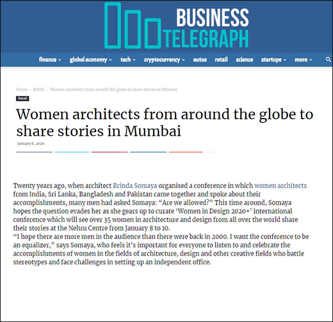 Women architects from around the globe to share stories in Mumbai, Business telegraph - January 2020